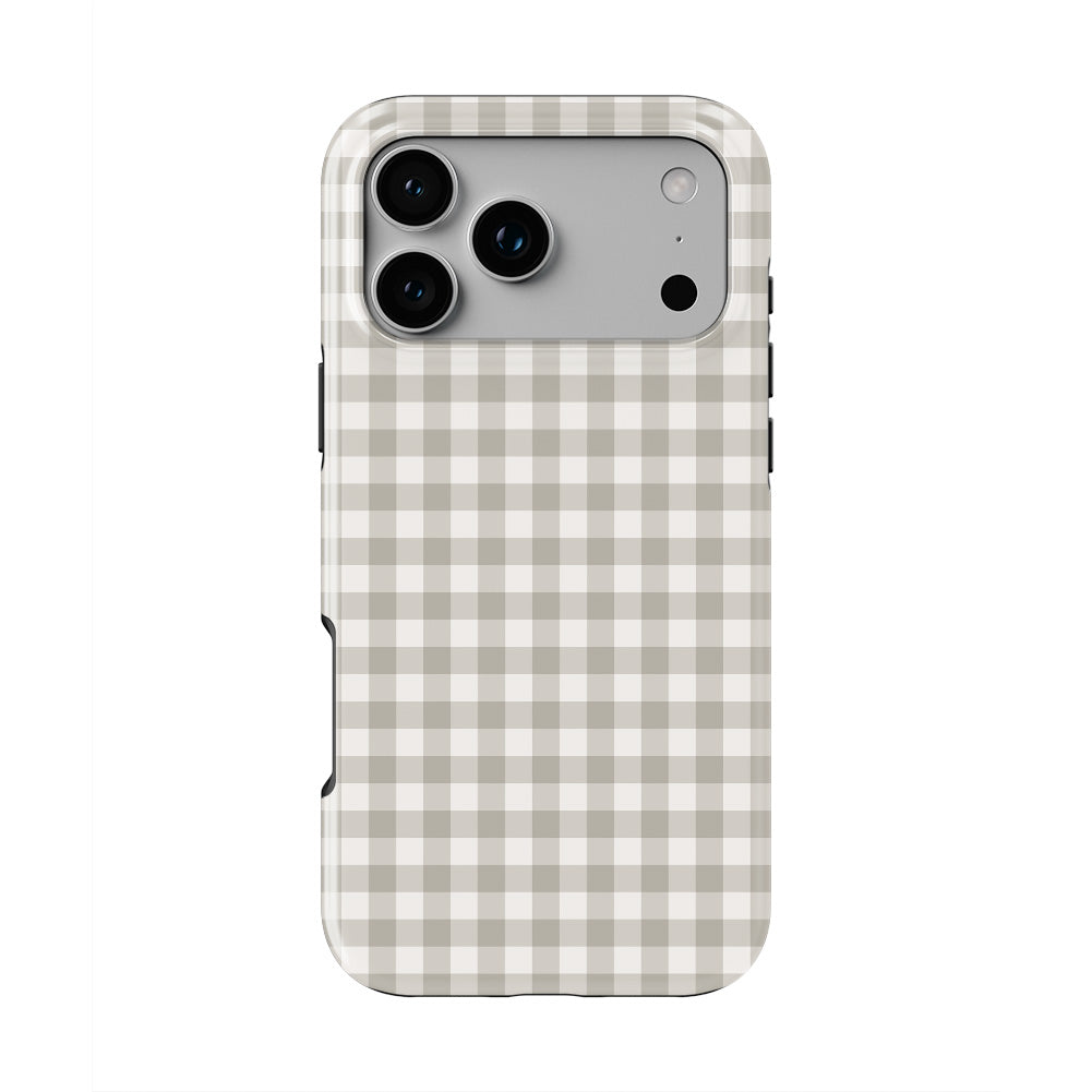 Stone Gingham phone case, back view showing the full gingham check