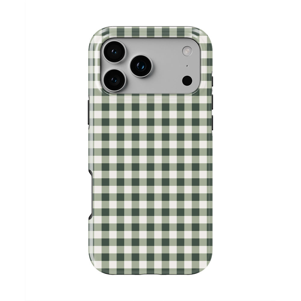 Deep Forest Gingham phone case, back view showing the full gingham check