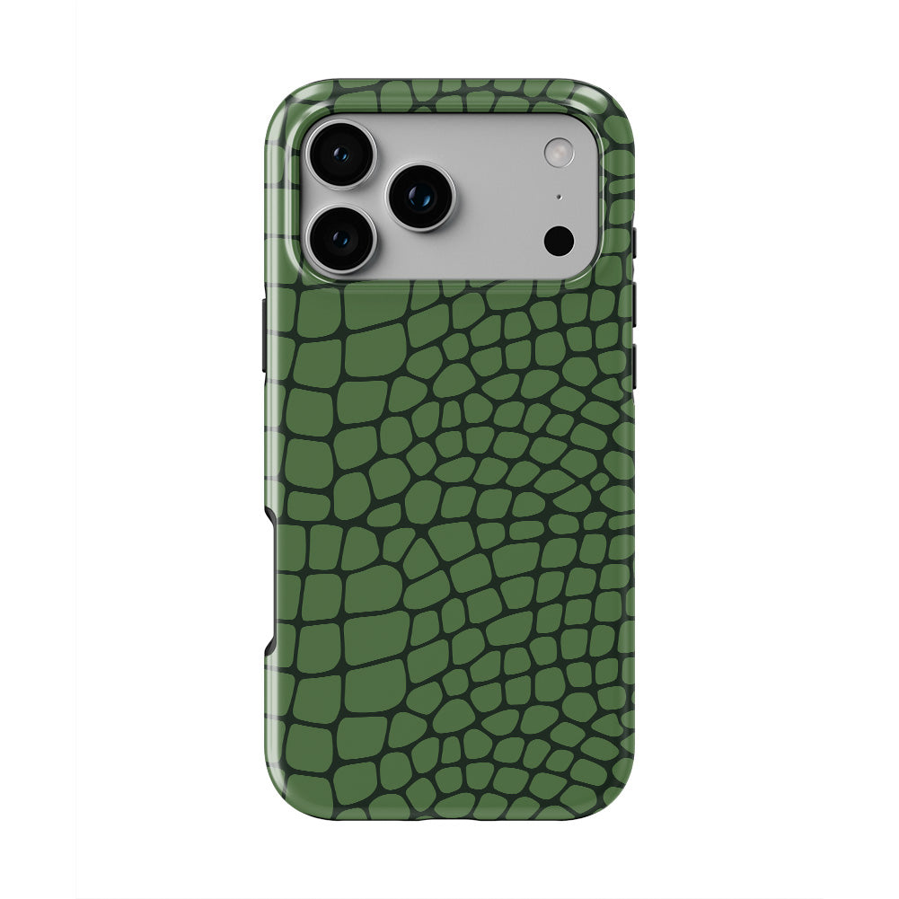 Green Snake phone case, back view showing the full green snakeskin print