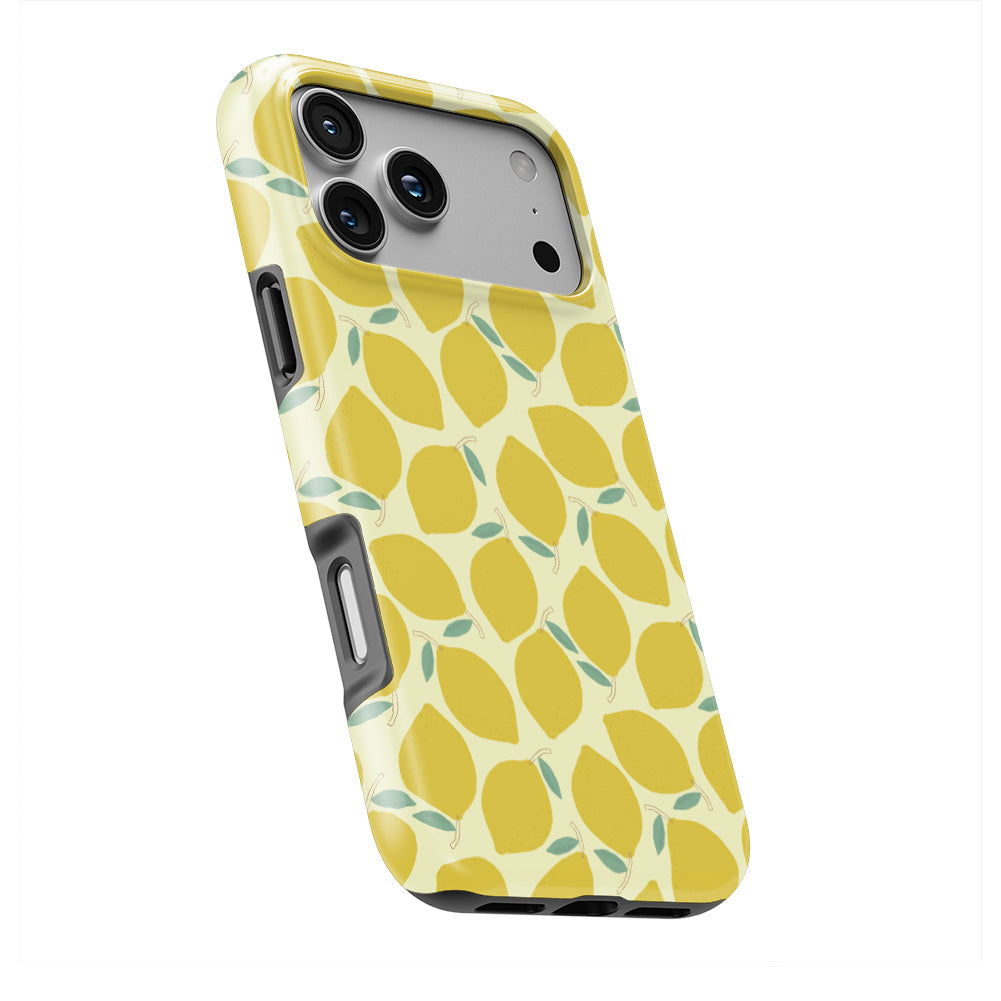 Yellow Lemon Abstract phone case — slight angle, side edge visible