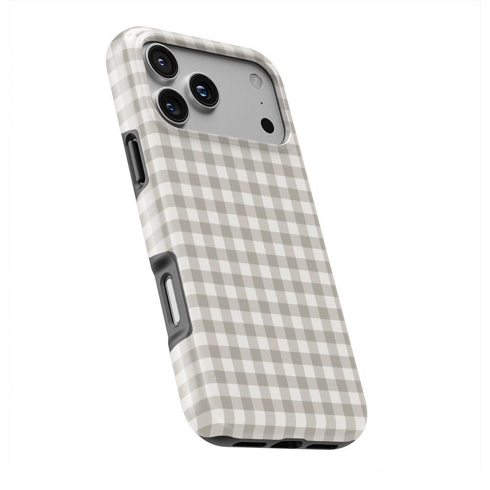 Stone Gingham phone case at an angle, front and printed back both visible