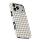 Stone Gingham phone case at an angle, front and printed back both visible