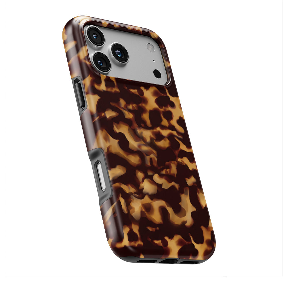 Classic Tortoiseshell phone case at an angle, front and printed back both visible