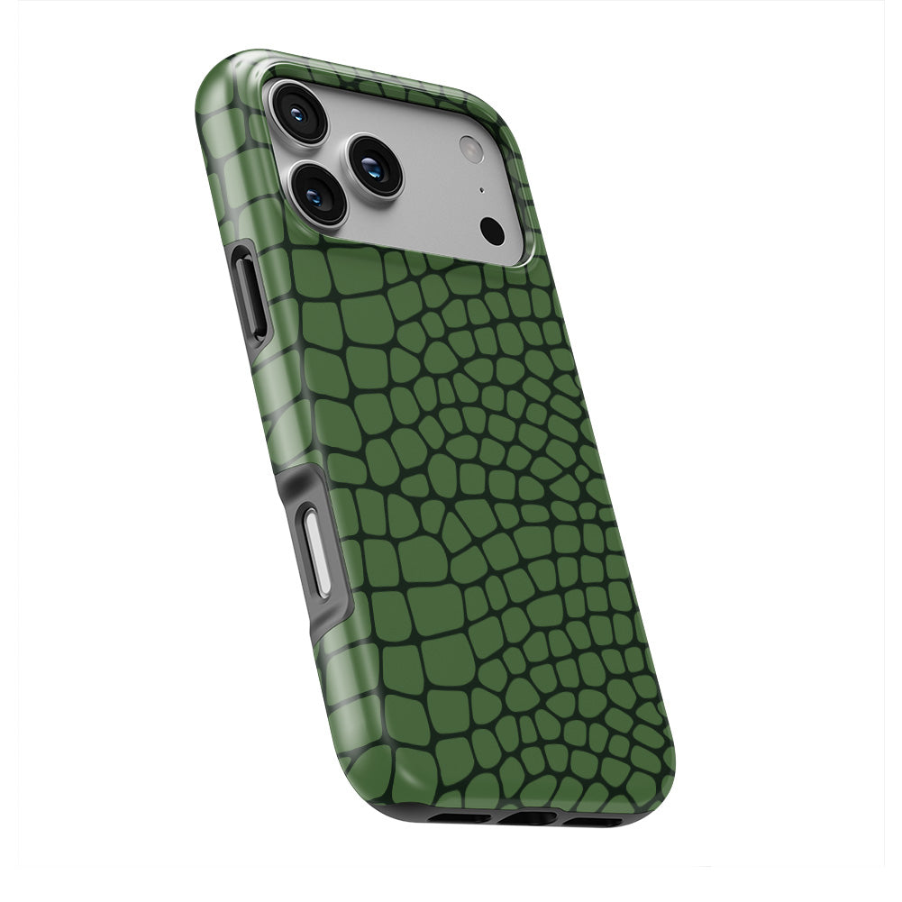 Green Snake phone case at an angle, front and printed back both visible