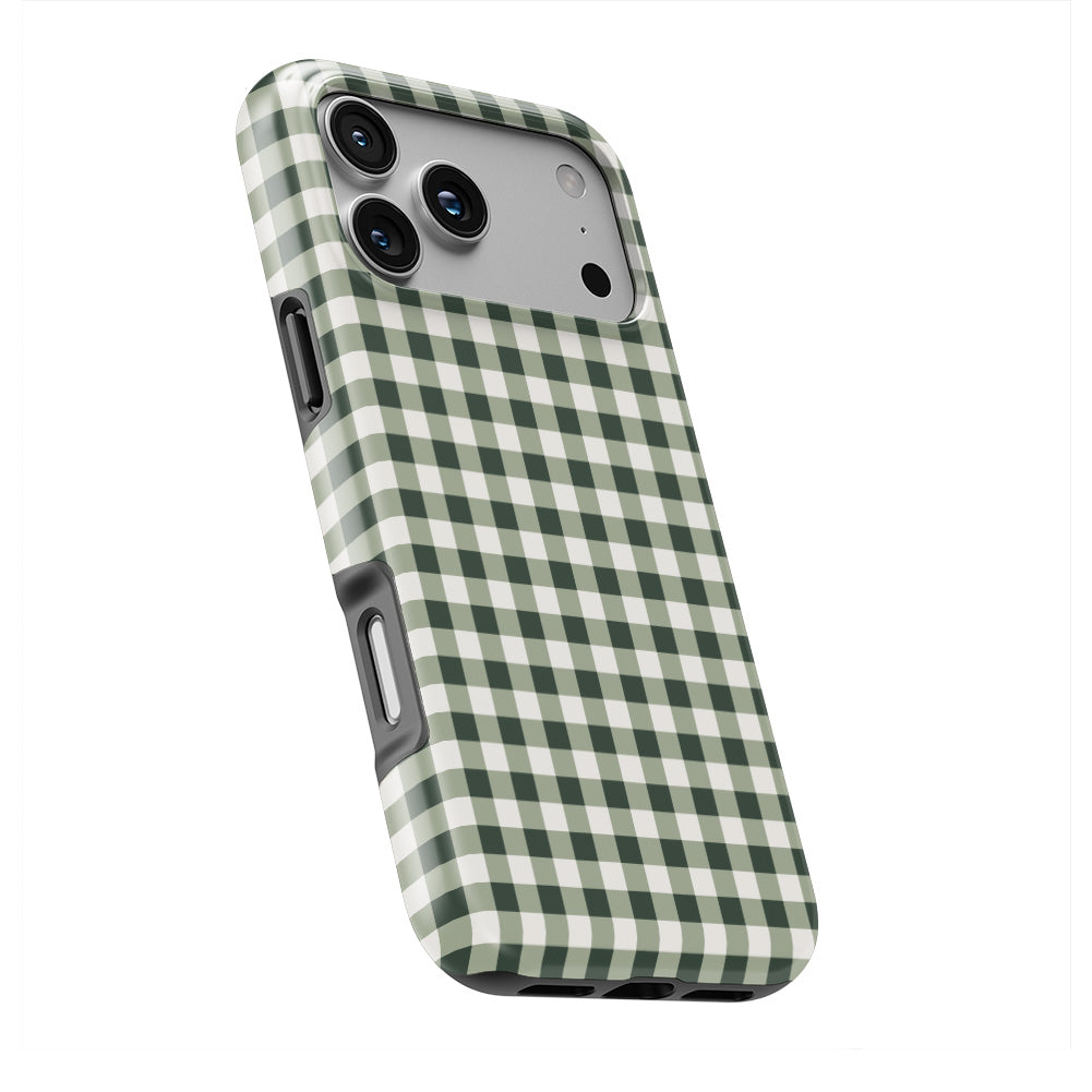 Deep Forest Gingham phone case at an angle, front and printed back both visible