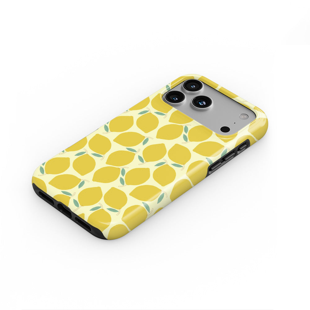 Yellow Lemon Abstract phone case — steep top-down angle, case lying face up