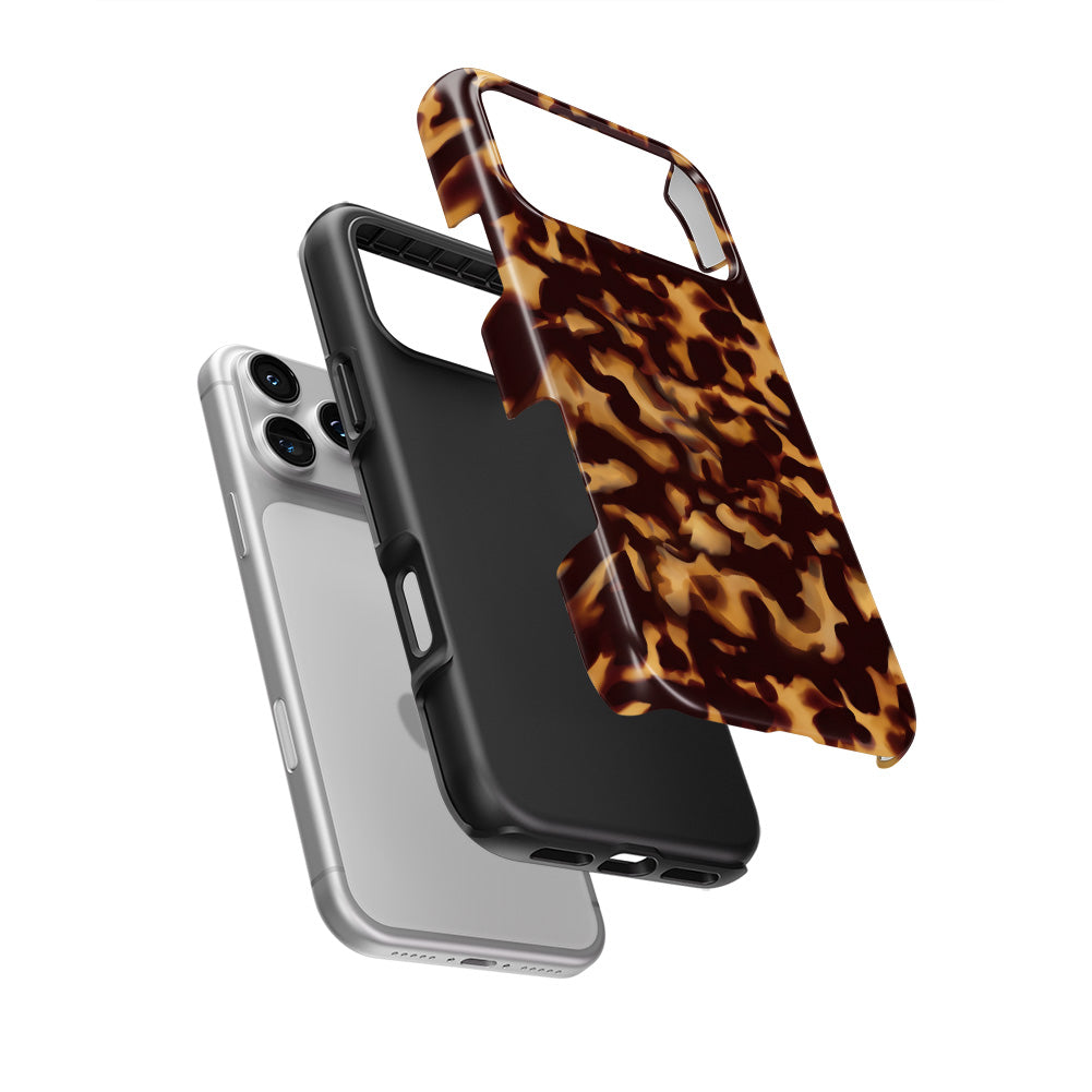 Classic Tortoiseshell tough phone case with the hard outer shell and inner liner separated