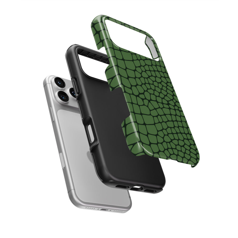 Green Snake tough phone case with the hard outer shell and inner liner separated