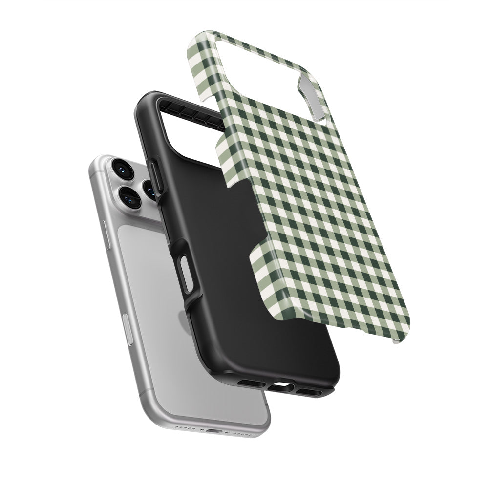 Deep Forest Gingham tough phone case with the hard outer shell and inner liner separated