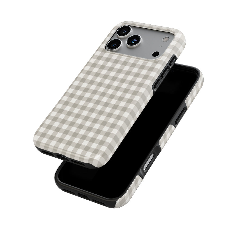 Stone Gingham phone case stacked behind a phone, showing print and device together