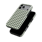 Deep Forest Gingham phone case stacked behind a phone, showing print and device together