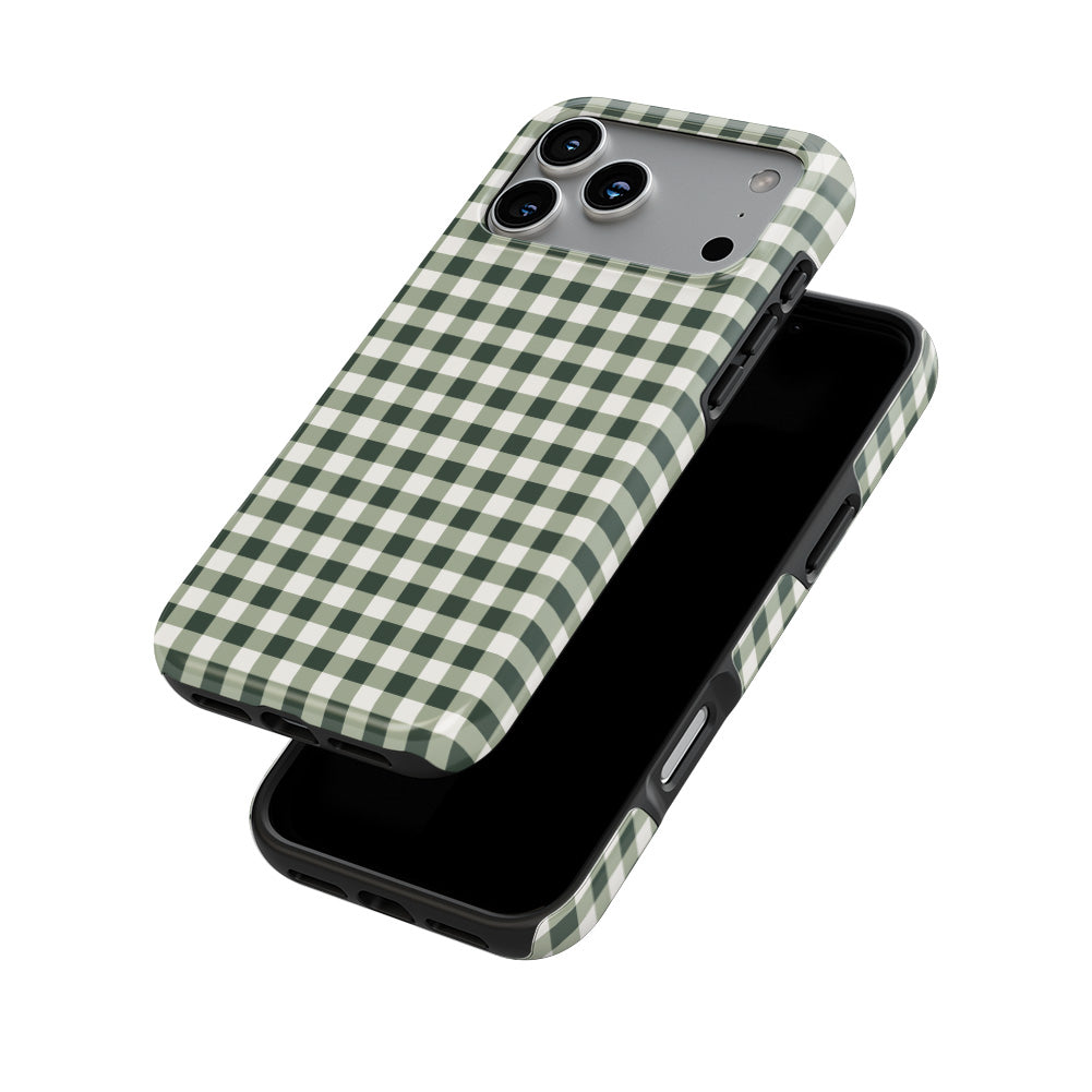 Deep Forest Gingham phone case stacked behind a phone, showing print and device together