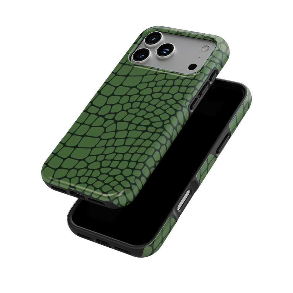 Green Snake phone case stacked behind a phone, showing print and device together