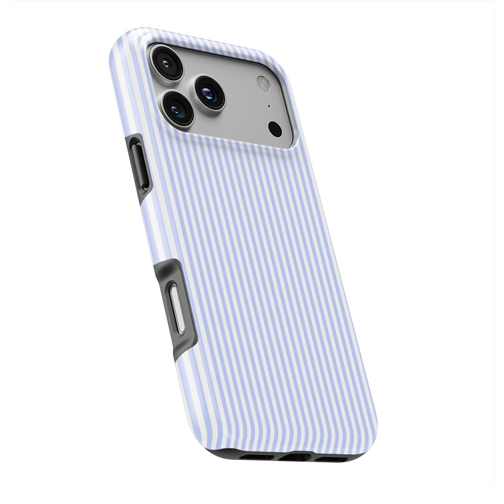 Baby Blue Stripes phone case — slight angle, side edge visible