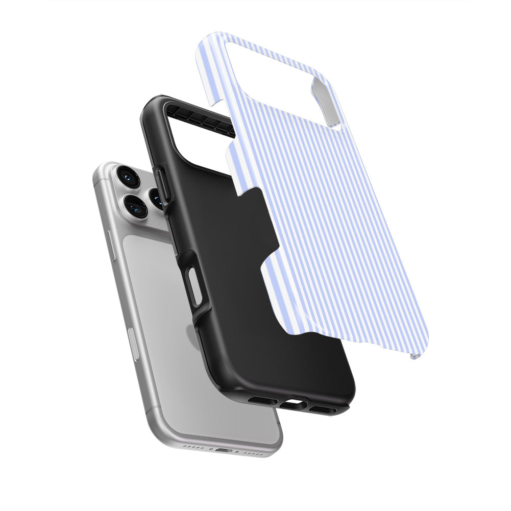 Baby Blue Stripes phone case — hard outer shell and inner liner separated