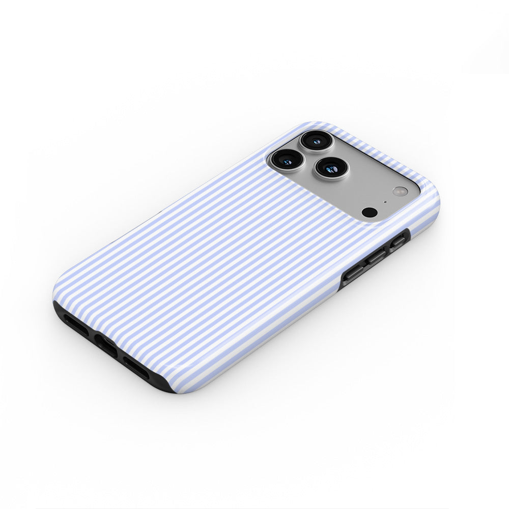 Baby Blue Stripes phone case — steep top-down angle, case lying face up