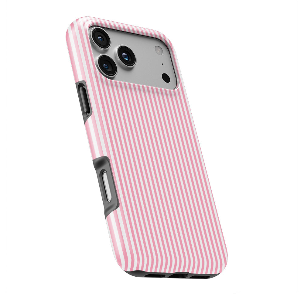 Baby Pink Stripes phone case — slight angle, side edge visible