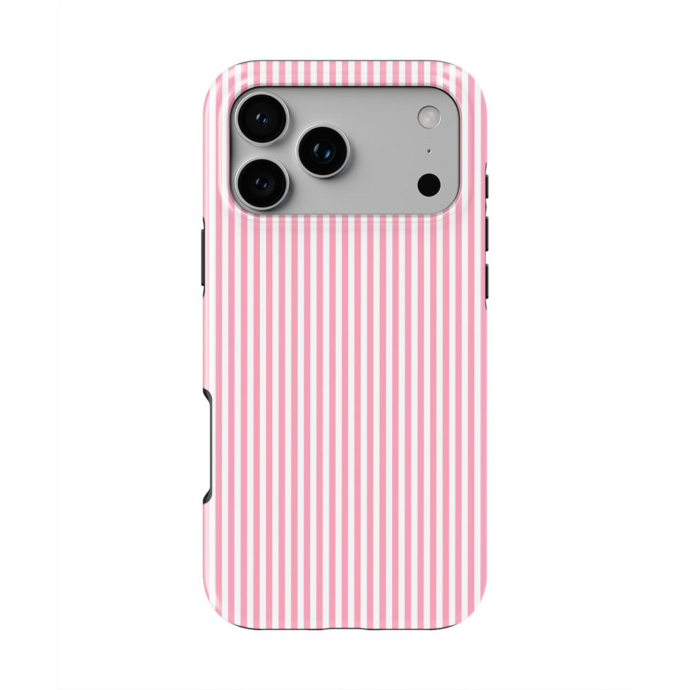 Baby Pink Stripes phone case — back view, full print