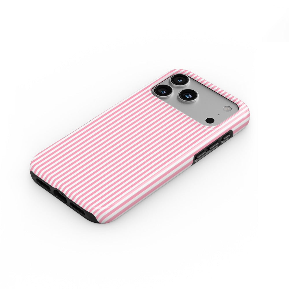 Baby Pink Stripes phone case — steep top-down angle, case lying face up