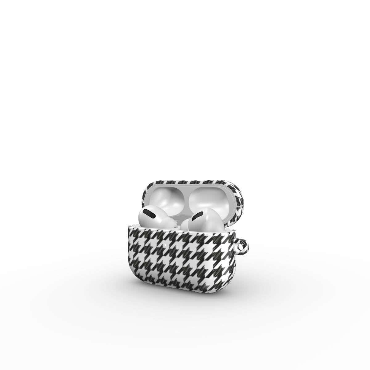 Black in White Houndstooth Apple AirPods Tough Case — full view, front print