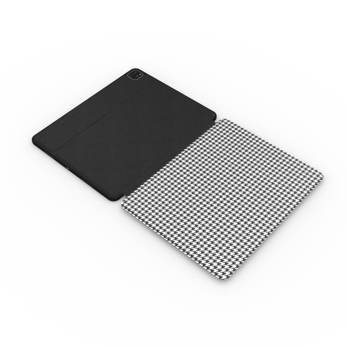 Black in White Houndstooth Apple iPad Case — angled view