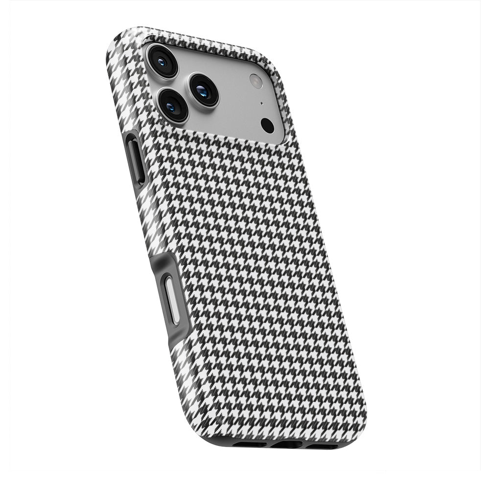 Black in White Houndstooth phone case — slight angle, side edge visible