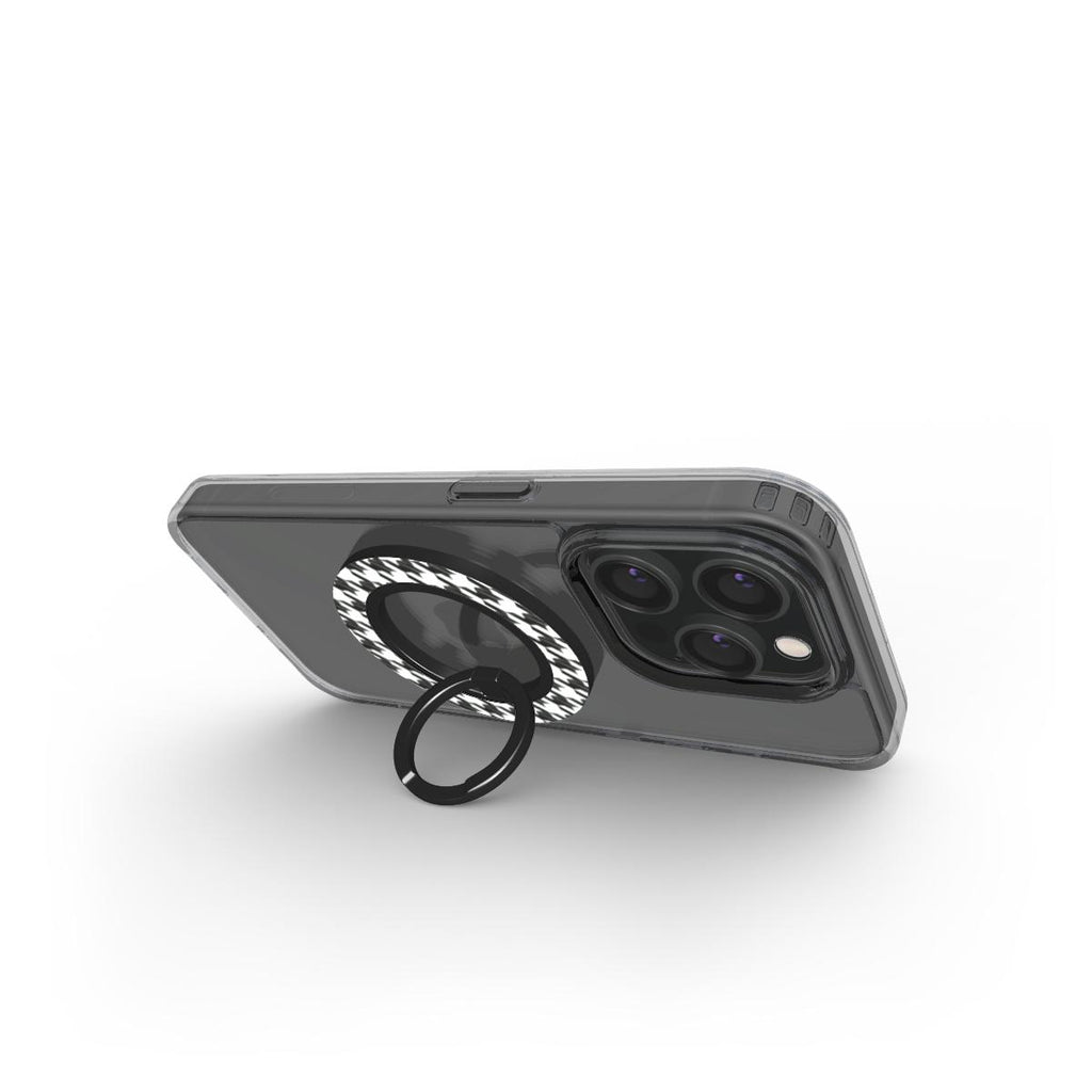 Black in White Houndstooth Ring Holder — folded out as a kickstand, phone in landscape