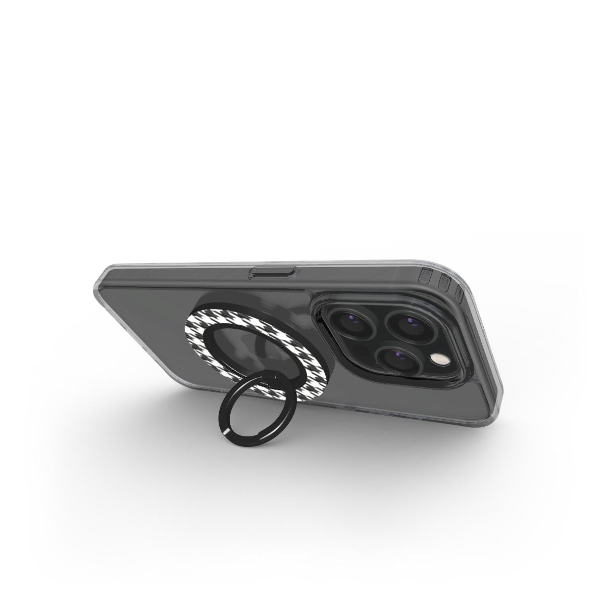 Black in White Houndstooth Ring Holder — folded out as a kickstand, phone in landscape