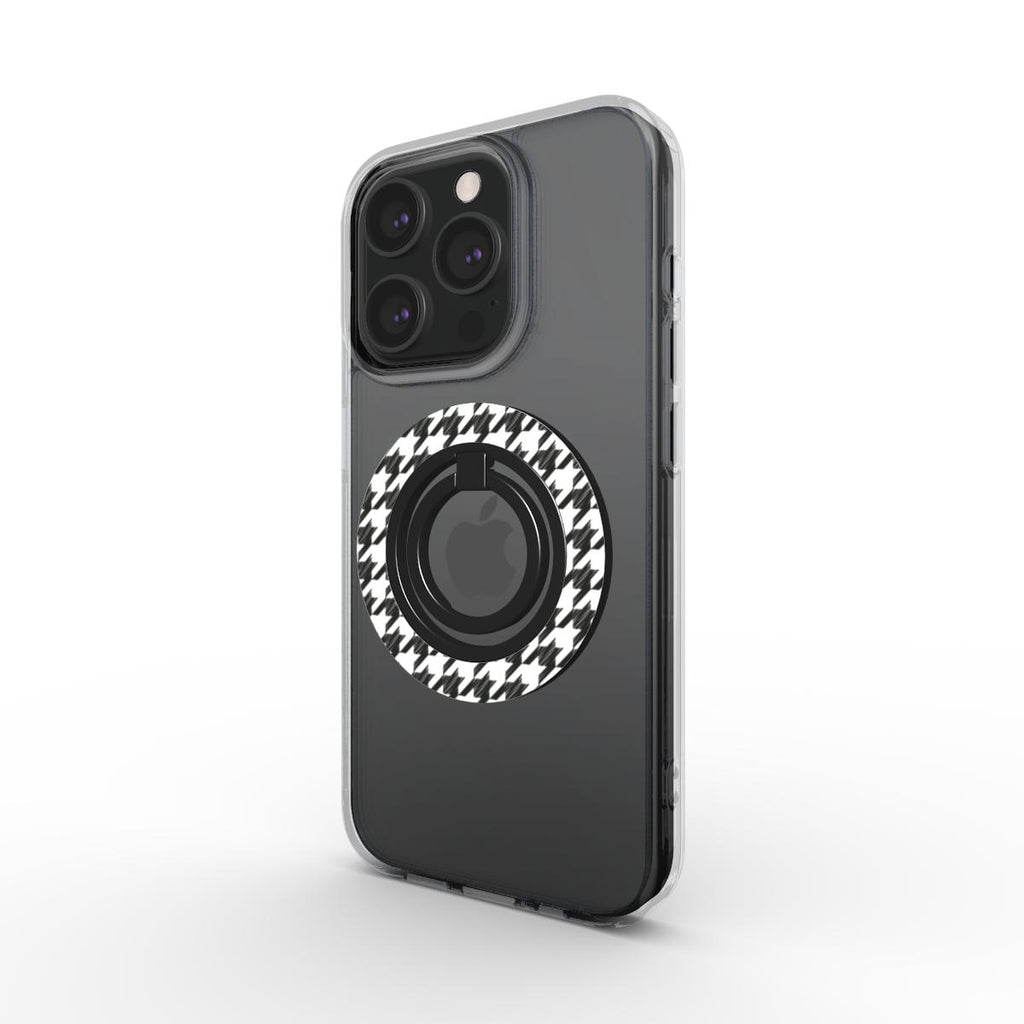 Black in White Houndstooth Ring Holder — on phone, angled view