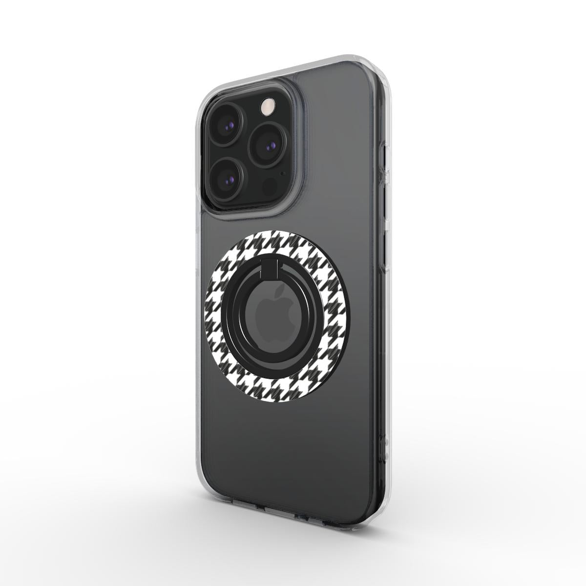 Black in White Houndstooth Ring Holder — on phone, angled view