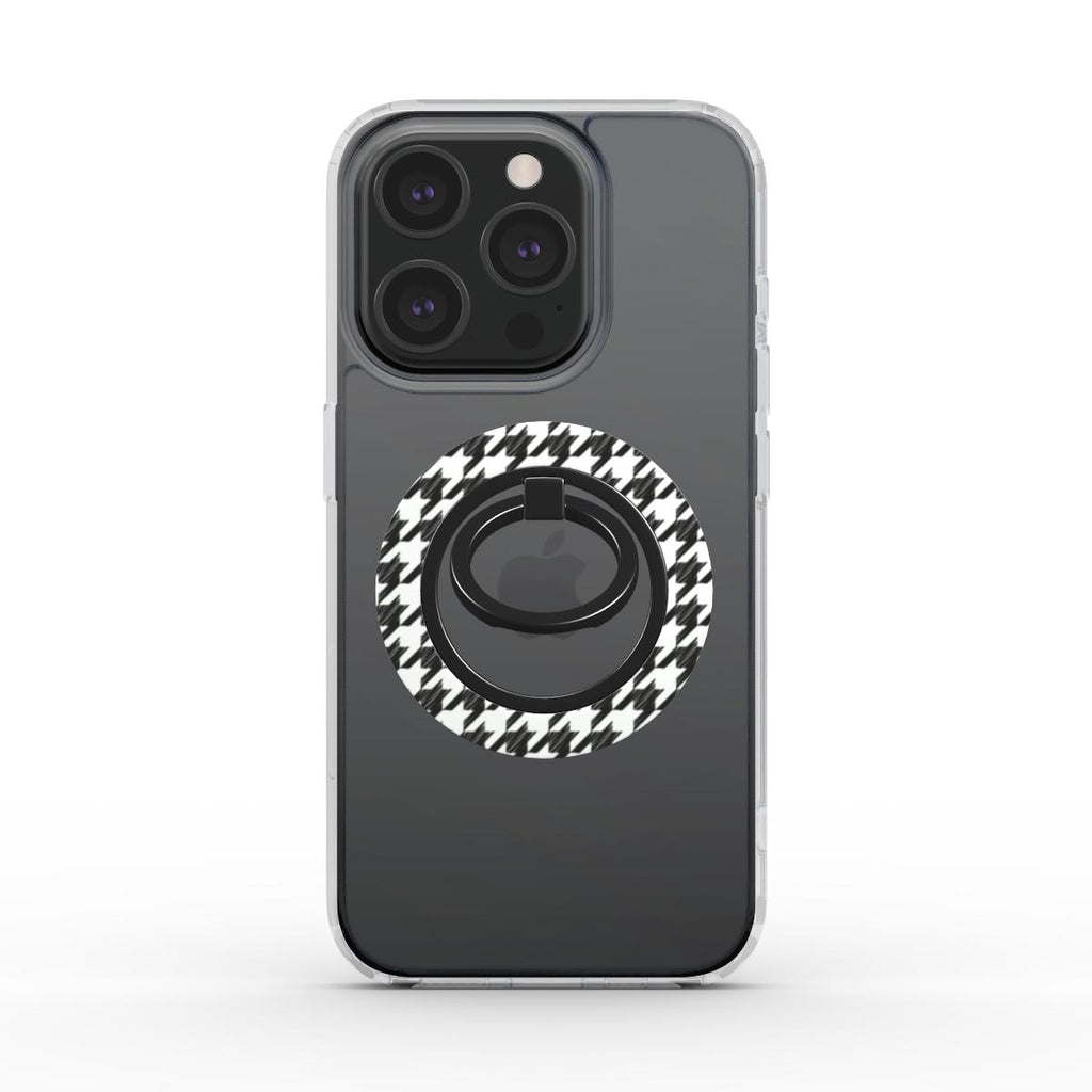 Black in White Houndstooth Ring Holder — on phone, back view