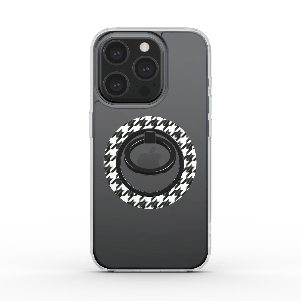 Black in White Houndstooth Ring Holder — on phone, back view