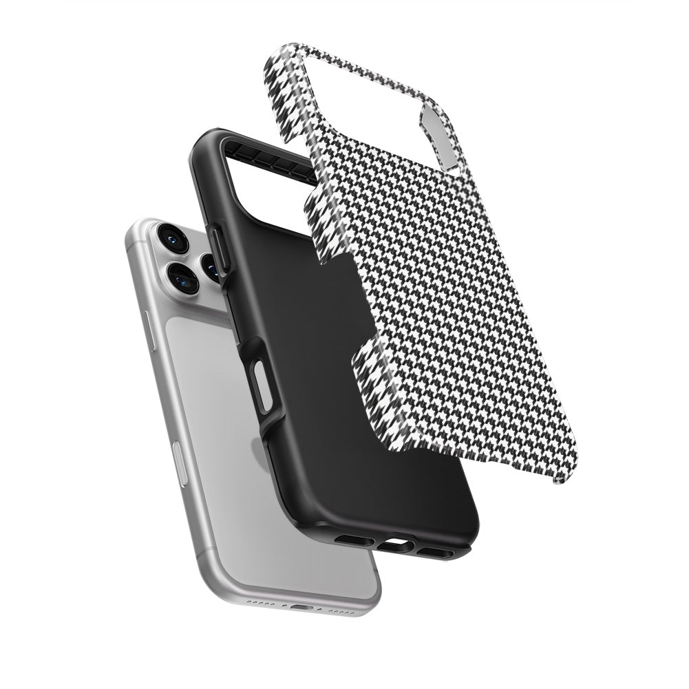 Black in White Houndstooth Tough Phone Case — hard outer shell and inner liner separated