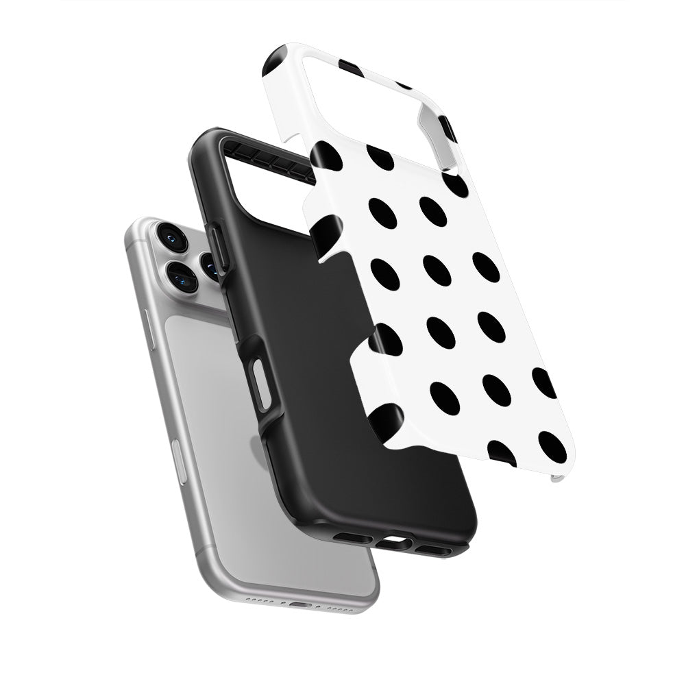 Black in White Polka Dots Tough Phone Case — hard outer shell and inner liner separated