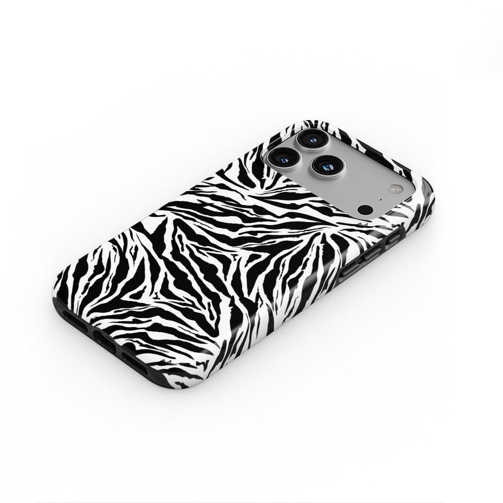 Black in White Tiger phone case — steep top-down angle, case lying face up