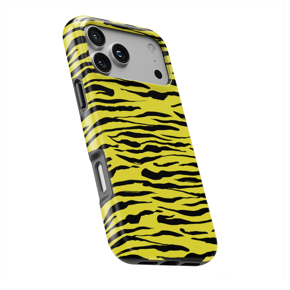 Black in Yellow Tiger phone case — slight angle, side edge visible