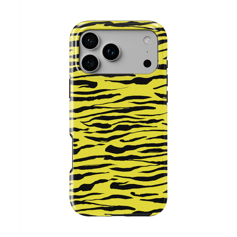 Black in Yellow Tiger phone case — back view, full print