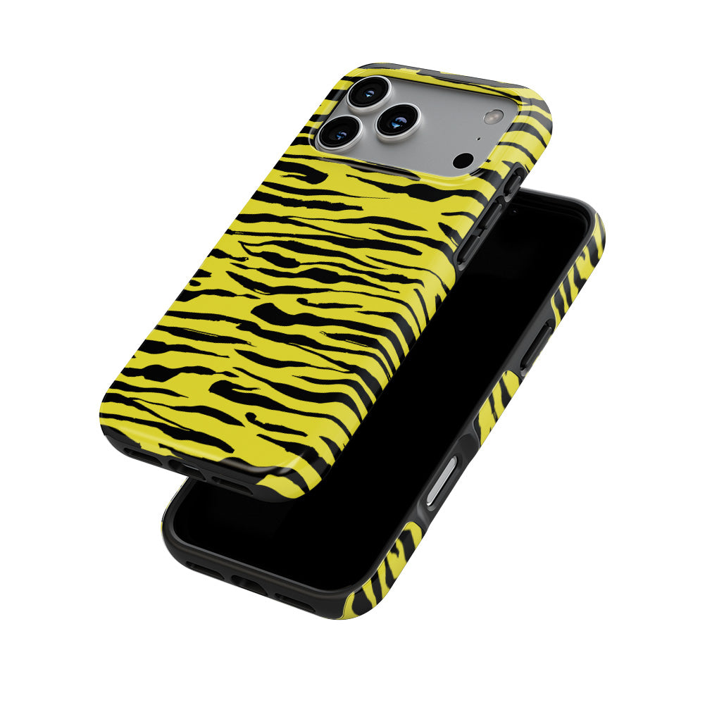 Black in Yellow Tiger phone case — front and back
