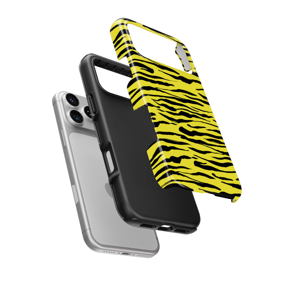 Black in Yellow Tiger Tough Phone Case — hard outer shell and inner liner separated