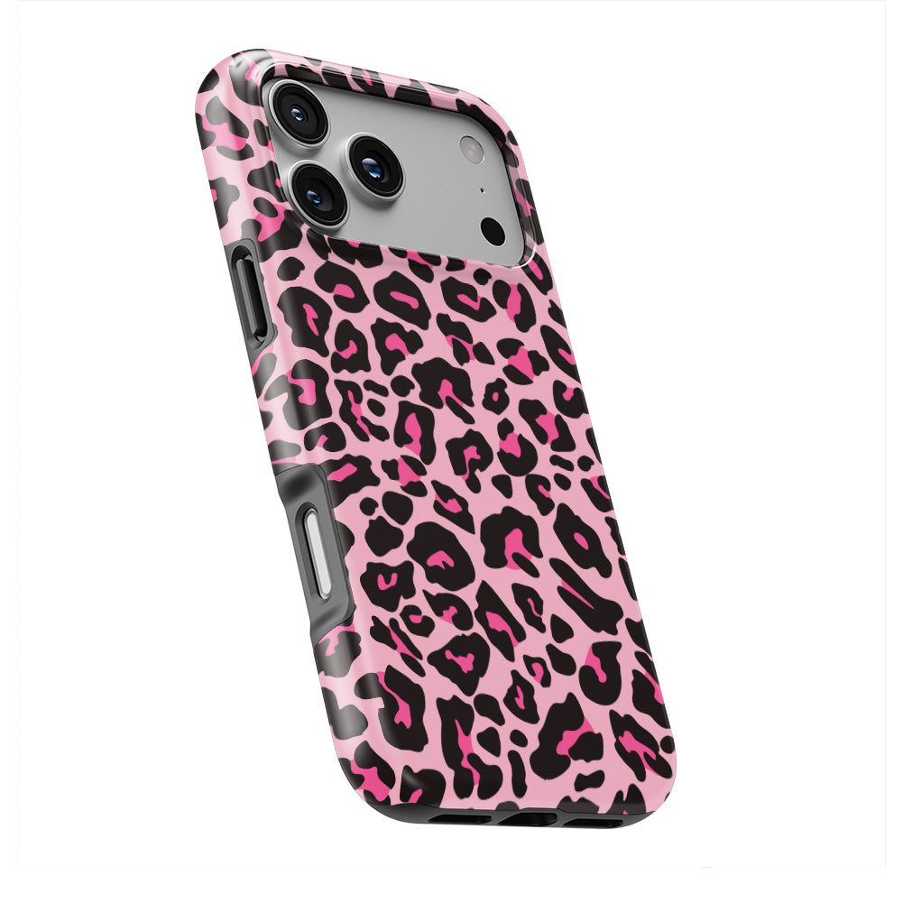 Black Pink Leopard Tough Phone Case — slight angle, side edge visible