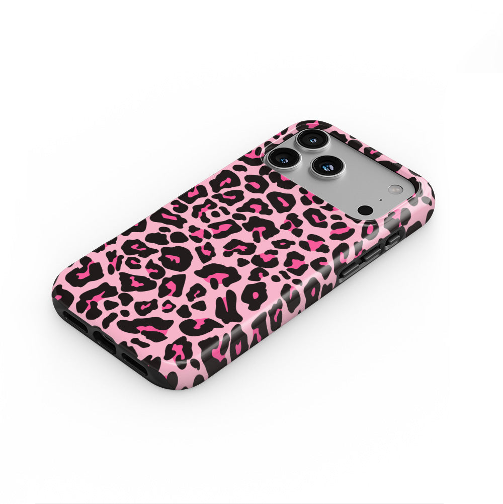 Black Pink Leopard Tough Phone Case — steep top-down angle, case lying face up