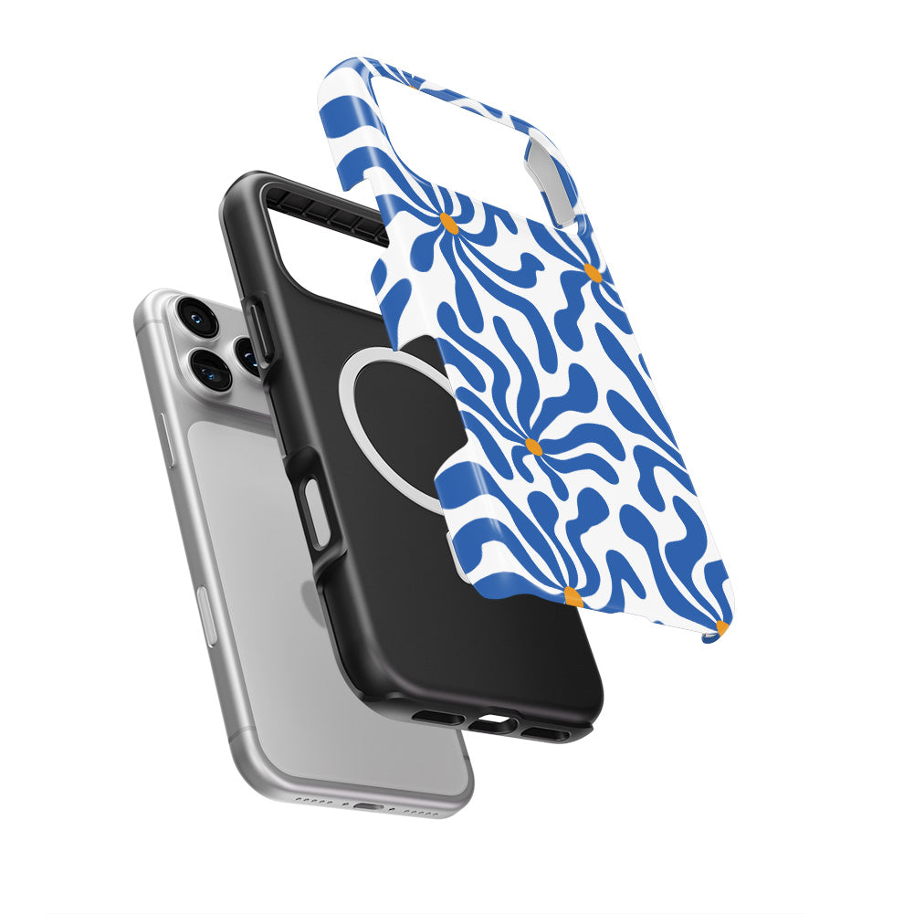 Blue Abstract Starburst MagSafe Tough Phone Case — case separated from phone, MagSafe ring visible