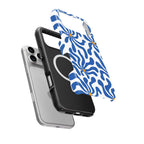 Blue Abstract Starburst MagSafe Tough Phone Case — case separated from phone, MagSafe ring visible