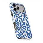 Blue Abstract Starburst phone case — slight angle, side edge visible