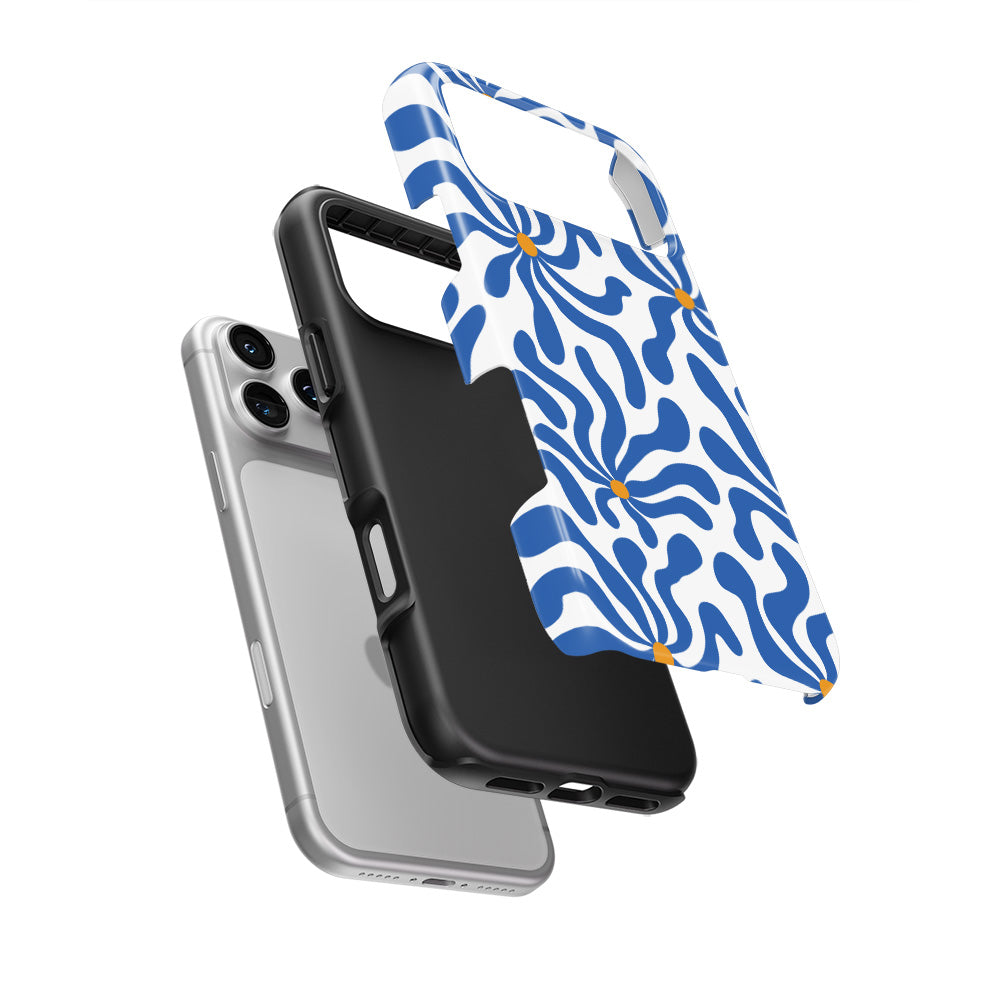 Blue Abstract Starburst Tough Phone Case — hard outer shell and inner liner separated
