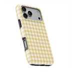Butter Yellow Gingham phone case — slight angle, side edge visible