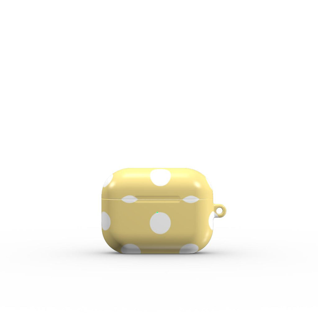 White in Butter Yellow Polka Dots Apple AirPods Tough Case — angled view