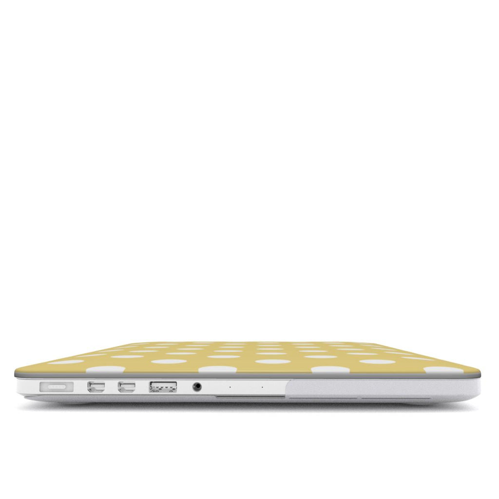 White in Butter Yellow Polka Dots MacBook Case — angled view