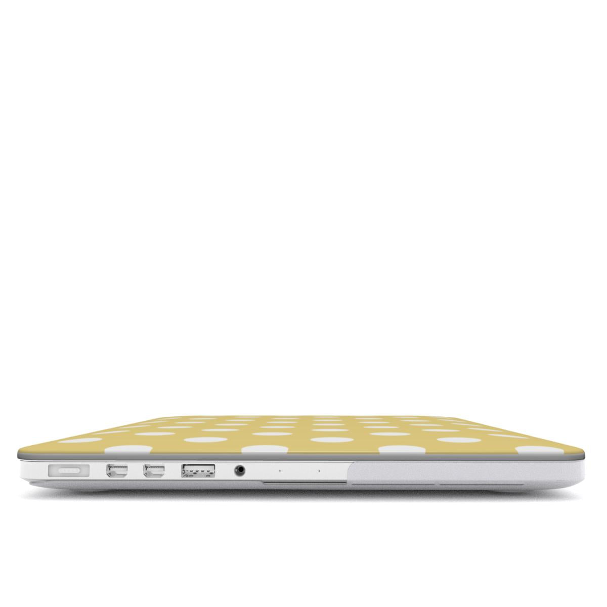 White in Butter Yellow Polka Dots MacBook Case — angled view