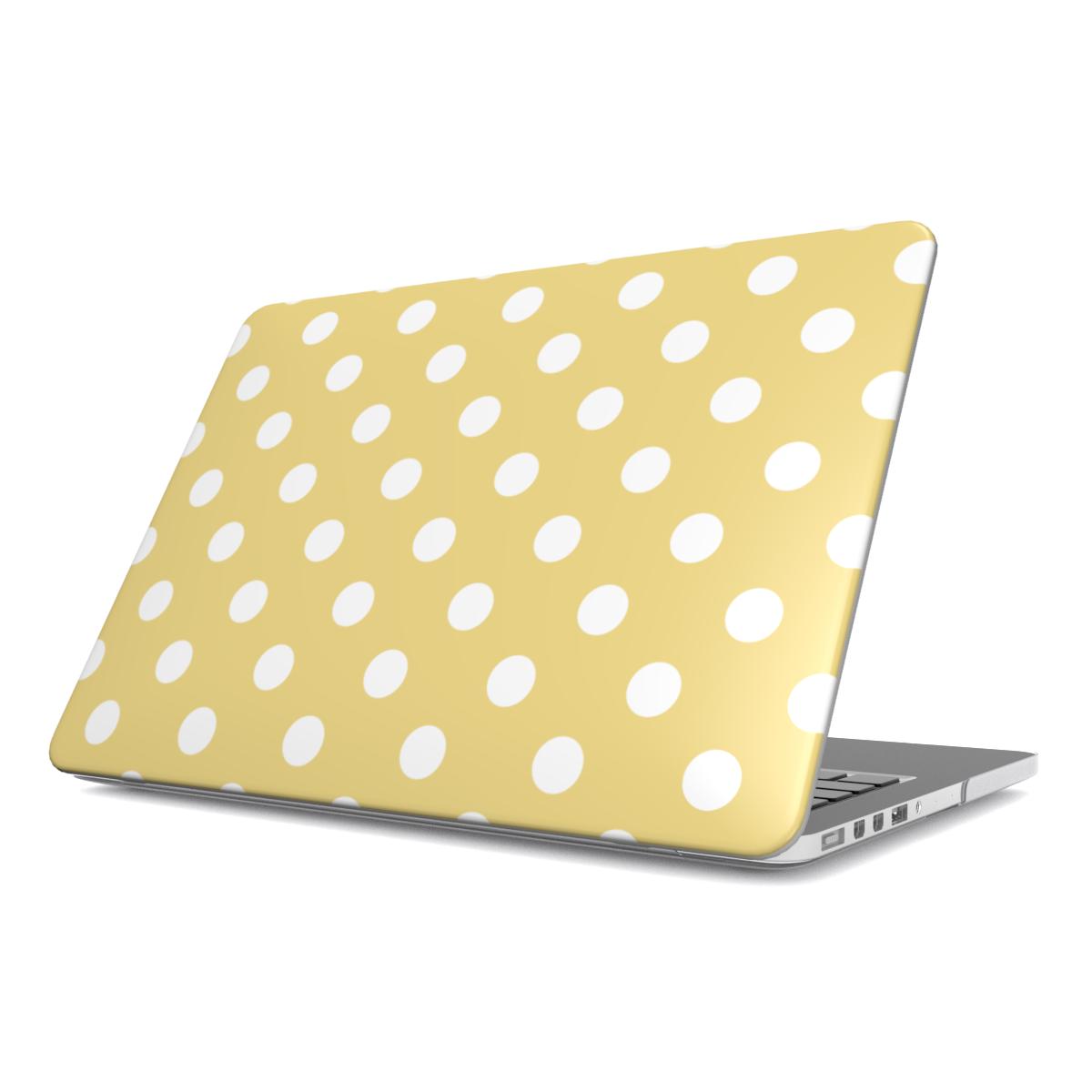 White in Butter Yellow Polka Dots MacBook Case — full view, print at lid scale